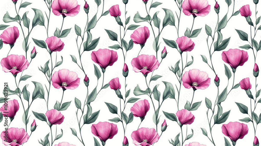 Fototapeta premium Seamless pattern featuring Eustoma flowers and buds in a vibrant collage with leaves on a fresh white background ideal for textile design and home decor
