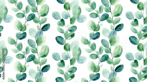 Eucalyptus leaf seamless pattern in watercolor featuring hand painted botanical illustrations on a clean white backdrop
