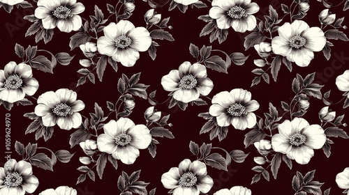 Monochrome black and white flower pattern on burgundy background perfect for decorating home textiles and interiors fabric design seamless pattern