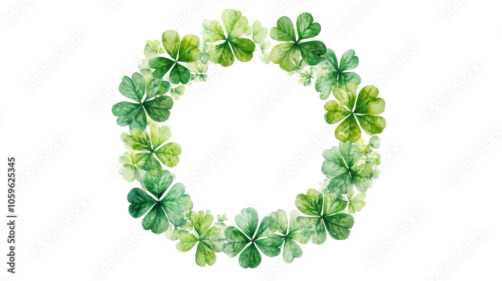 Fototapeta premium Shamrock wreath on transparent background, decorative pattern. St. Patrick's day and luck concept