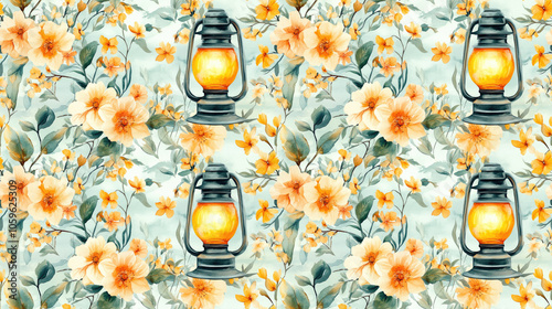 Seamless watercolor pattern featuring a whimsical fantasy lamp adorned with vibrant yellow sun and blooming flowers perfect for spring themed designs