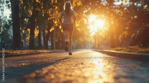 A young woman jogs along a sunlit path surrounded by trees during sunset, creating a serene and energetic atmosphere photo