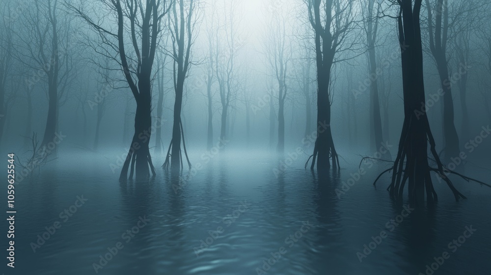 Fototapeta premium Eerie Marshland with Metallic Trees and Luminescent Spores in 3D Render - Ultra-Detailed Illustration of Creepy Swamp Landscape