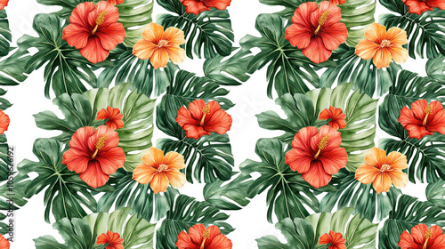 Exquisite hand drawn watercolor seamless pattern featuring palm leaves monstera leaves and vibrant ginger flowers ideal for tropical themed textiles and decor