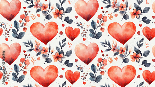 Seamless watercolor pattern featuring hearts and floral designs perfect for Valentine s Day celebrations photo