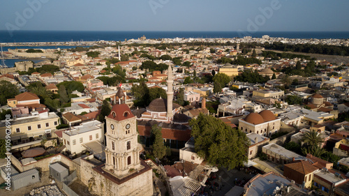 Aerial drone photo of Rhodes town architecture and sea view, Greece photo