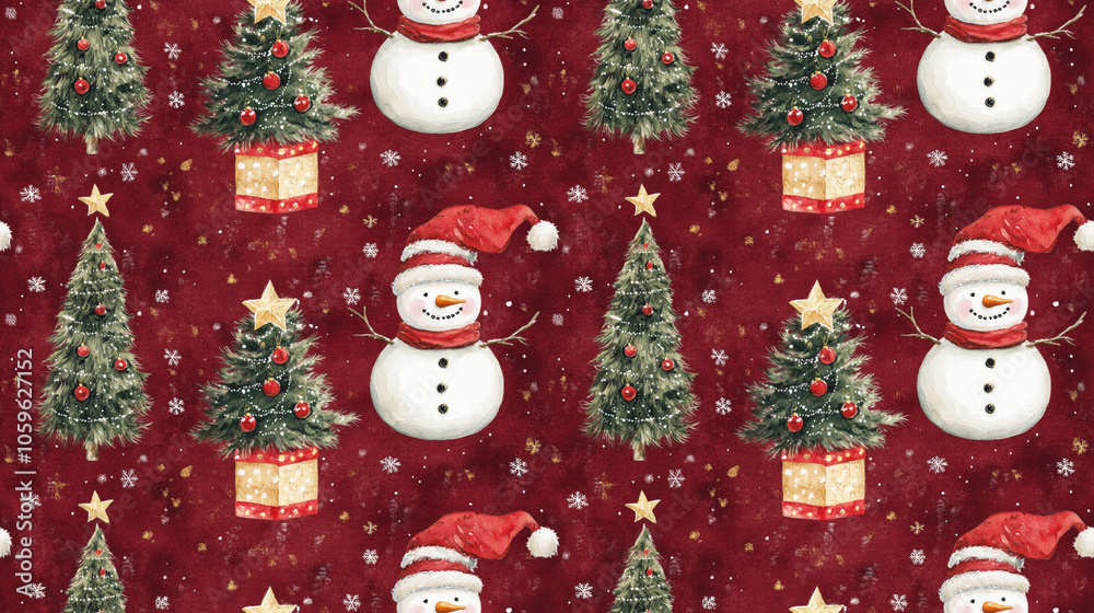 Seamless watercolor pattern featuring merry Christmas snowman Christmas tree and Santa illustrations for festive holiday invitations Seamless watercolor pattern featuring merry Christmas snowman Christmas tree and Santa illustrations for festive holiday invitations