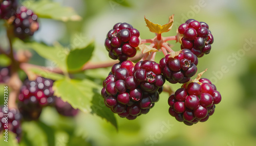 Unripe bright purple blackberries in slight breeze, vertical image isolated with white shades, png