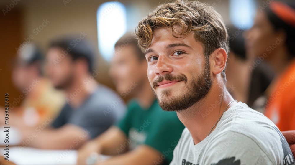 Fototapeta premium A young man with a beard sits in a classroom, smiling warmly. The background suggests a casual and interactive environment, fostering learning and camaraderie.