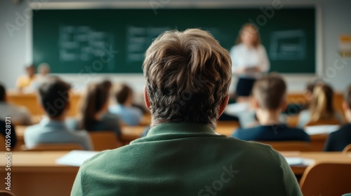 A diverse group of students seated in a classroom, attentively listening to a teacher at the front by the blackboard, set within an academic environment. photo