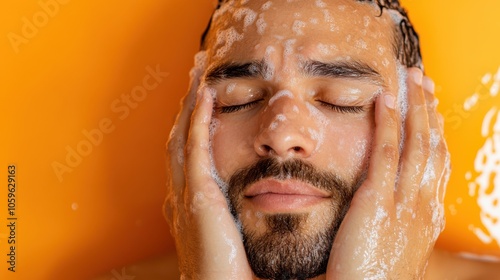 A bearded man is enjoying washing his face with a foamy cleanser, covering his cheeks and forehead, set against a vibrant orange background for a fresh look.