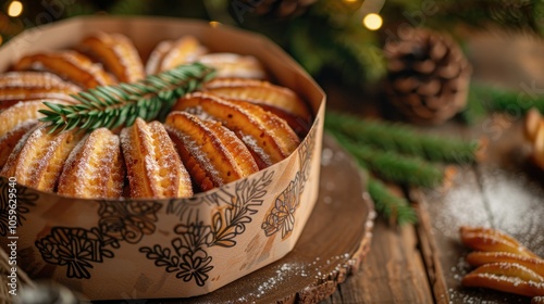 A round box filled with warm, fluffy churros is placed on the table photo