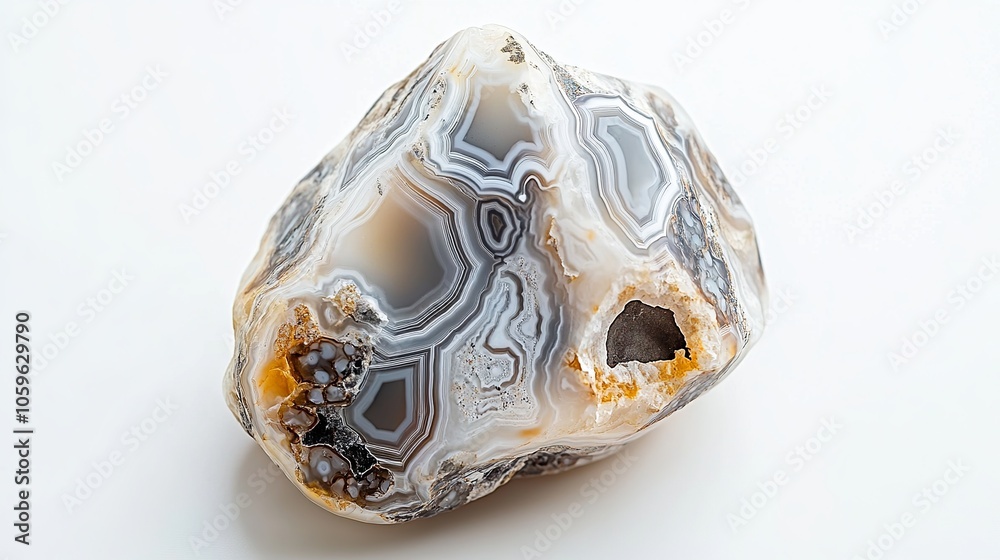 Fototapeta premium Tumbled turitella agate stone macro isolated on white surface.