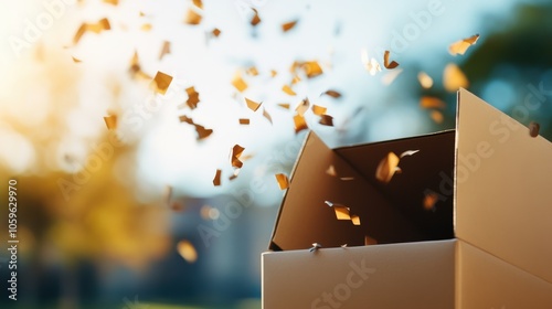 An open cardboard box releases flying pieces into the air, set in a bright, sunny background, symbolizing liberation, dynamic change, and limitless opportunities. photo