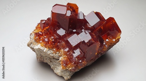 Vanadinite is a type of mineral that typically forms crystals. It is often found in rocks and is prized by gem collectors for its vibrant colors. photo