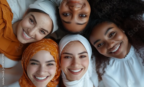 A group of five diverse women smiling joyfully, arranged in a circular formation with vibrant headscarves and natural hairstyles