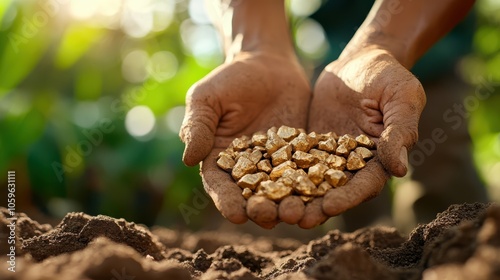 Pair of hands carefully holding gold nuggets above the dirt-covered ground, portraying the triumph and allure of raw, unpolished golden treasures in nature’s embrace.