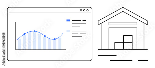 Warehouse with stacked boxes and software window displaying a line graph, bar chart, blue and grey text elements. Ideal for logistics, supply chain, inventory control, data analysis, business