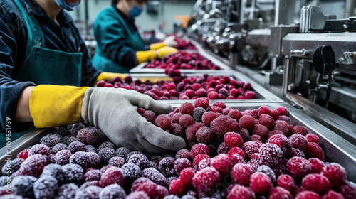 Workers in a factory handling trays of frozen raspberries and blackberries on a production line, wearing protective gloves and clothing for food processing.