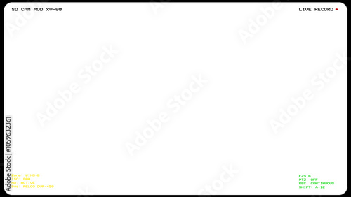 Overlay: isolated security camera digital interface, displaying technical data: text readouts, camera settings, monitoring information. Classic surveillance aesthetic with rounded corners.
