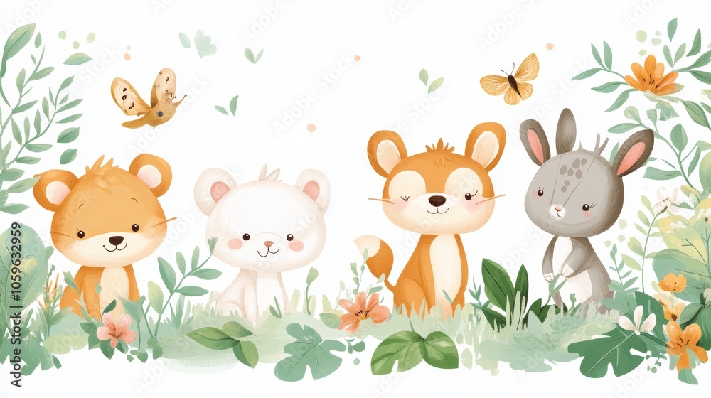 Obraz premium A colorful illustration of four cartoon-style animals, including a bear, a rabbit, a fox, and a small white creature, surrounded by plants and flowers