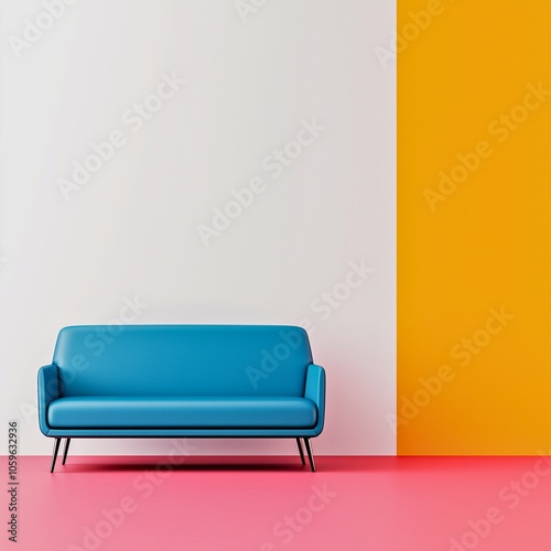 A sleek blue sofa sits on a pink floor against a wall divided between white and vibrant yellow, offering a striking study in color and minimalistic design.