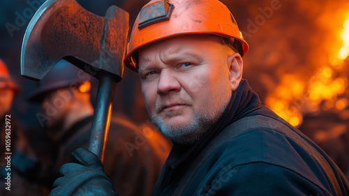 dirty miner in the mine against the background of other working miners extracting raw materials
 photo