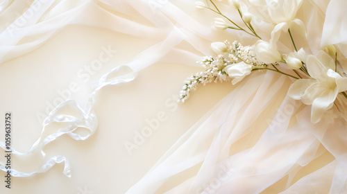 fondo con una tela en movimiento tela de seda con ramos de flores elegantes y encaje femenino fondo para boda o novia decoraciones elegantes photo