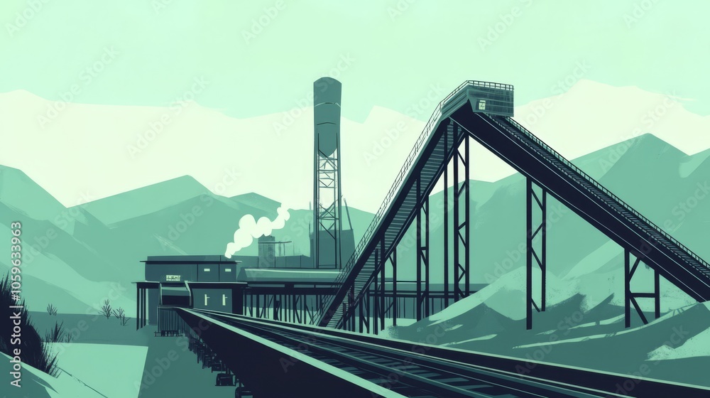 Obraz premium Industrial facility with conveyor belts and smokestack in a mountainous region.
