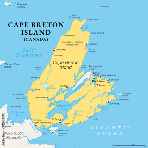 Cape Breton Island, Nova Scotia, Canada, political map. Rugged and irregularly shaped island on Atlantic coast of North America. Physically separated from Nova Scotia Peninsula by the Strait of Canso.