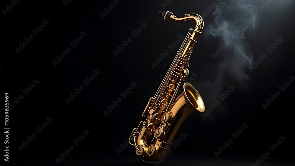Obraz premium Golden shiny alto saxophone on black background with smoke. copy space