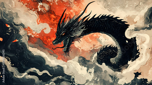 Black dragon emerges from fiery depths against a storm-laden sky. Horned Guardian Beast. Illustration photo