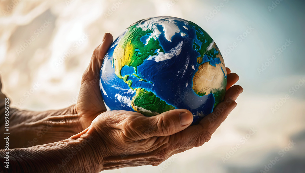 Old wrinkled hands holding planet earth, globe on the palm, eco environment, global connection, background