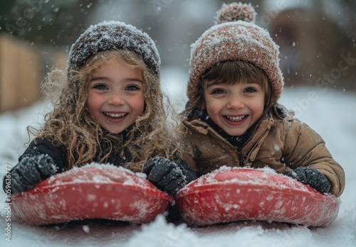 Joyful children sledding down a snowy hill with laughter and fun