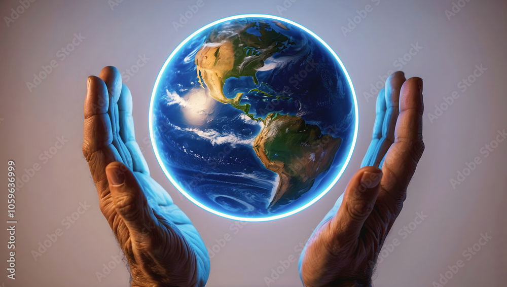 Old wrinkled hands holding planet earth, globe on the palm, eco environment, global connection, background