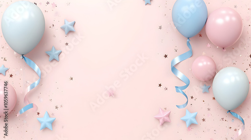 un fondo liso color claro con decoraciones en tonos pastel de globos listones y estrellas detalles estilo romanticos y tiernos con espacio de copia para invitacion de cumpleaños o tarjeta con diseño photo