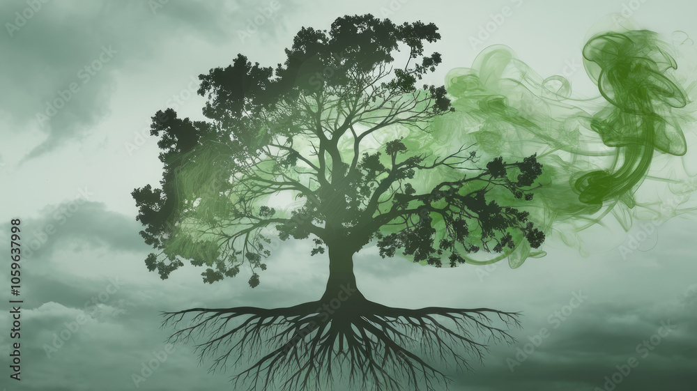 Obraz premium A majestic dark tree with intricate roots reaches towards a cloudy sky, surrounded by swirling green mist, symbolizing nature's resilience and vitality.
