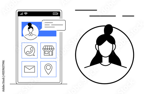 Mobile app screen with profile icon, chat bubble, contact options including call, store, email, and location. Portrait of user with bun hairstyle. Ideal for user profile interfaces, mobile apps