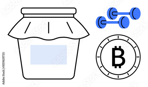 Jar with paper lid, two blue dumbbells, and Bitcoin coin icon. Ideal for diverse themes like finance, fitness, food, cryptocurrency, investment, healthy living, and modern lifestyle. Line metaphor