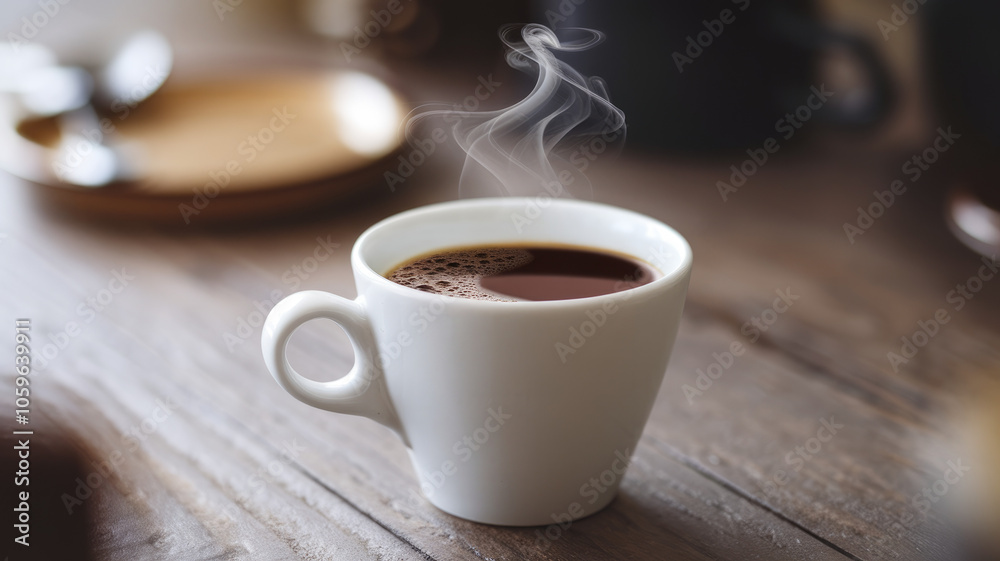 Fototapeta premium A steaming cup of coffee rests on a rustic wooden table, inviting warmth and comfort, with soft steam curling upwards against a serene backdrop.
