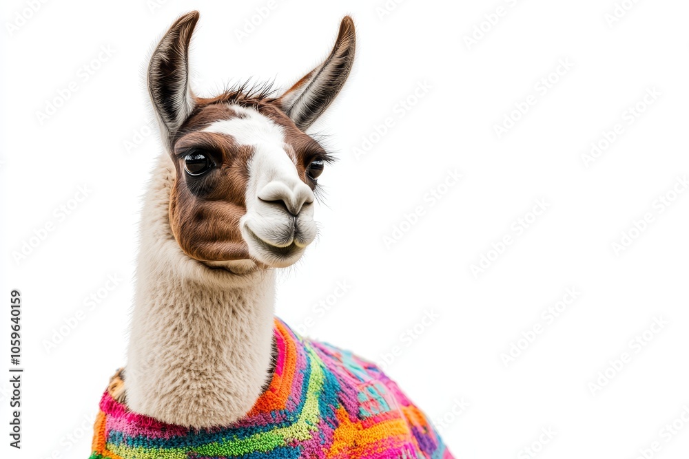 Fototapeta premium Playful llama in colorful vest poses elegantly against a minimalist white background isolated