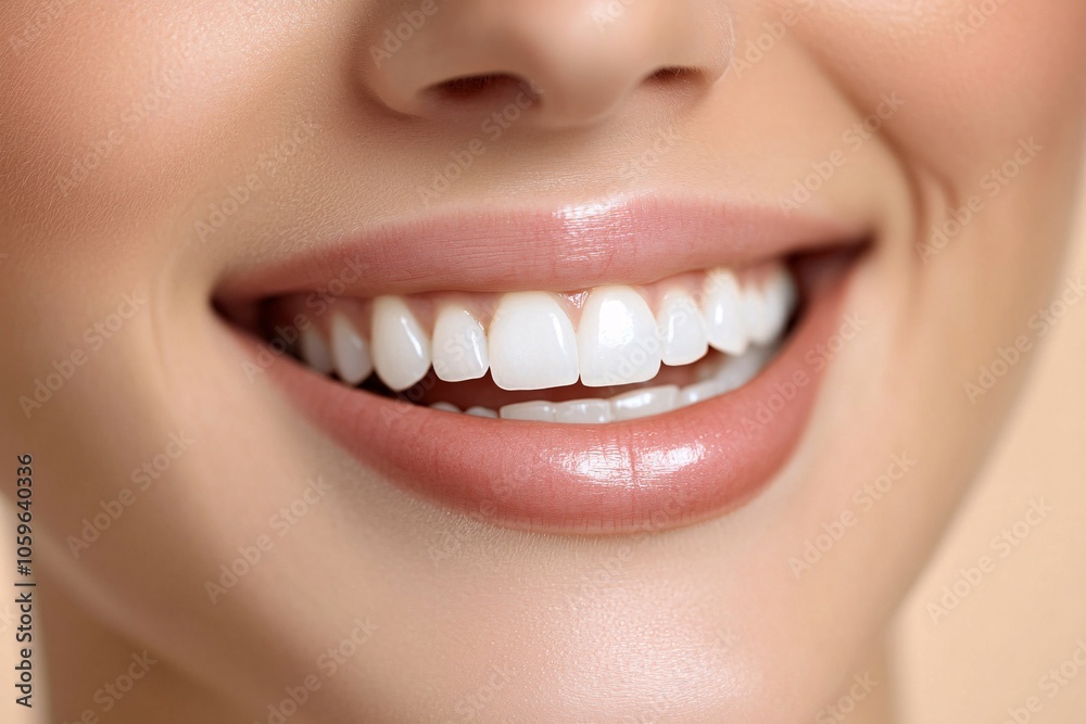 Obraz premium A close-up of a smiling mouth with a bright white smile, under soft studio lighting 3