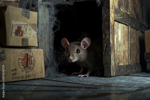 A brown rat peeking out from a hole in a wall, with a serious expression in a dimly lit basement filled with old boxes and cobwebs 1