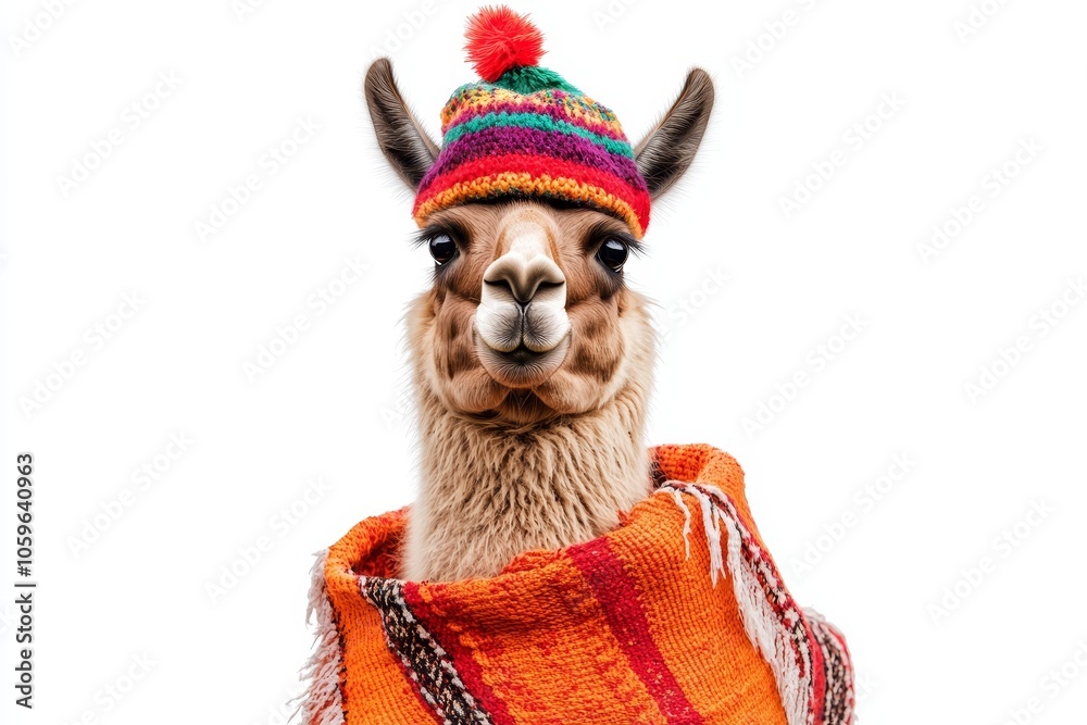 Naklejka premium Cheerful llama in colorful poncho and festive hat posing for a portrait on white background isolated