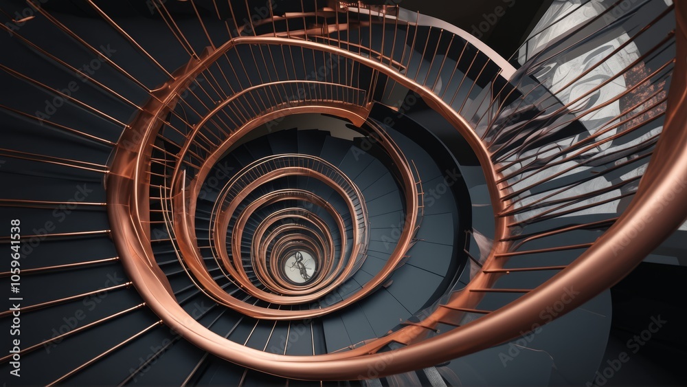 Fototapeta premium Spiral staircase with copper railings in modern architecture design