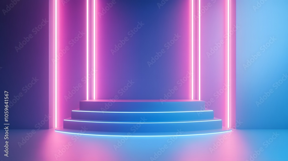 Obraz premium product display podium with neon lights and blue background