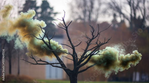 A striking image of a leafless tree surrounded by billowing green and brown smoke, creating an eerie and surreal atmosphere amidst a muted background.