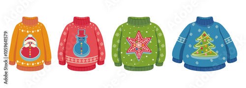 Set of Christmas ugly sweaters with Santa, snowman, star, and Christmas tree designs. Colorful illustrations on a white background. Winter holiday fashion and celebration concept