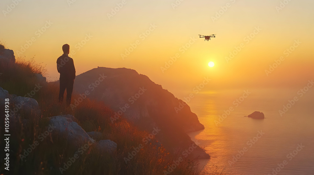 Fototapeta premium Silhouette of a Person Watching a Drone Fly at Sunset Over the Ocean - Realistic Image
