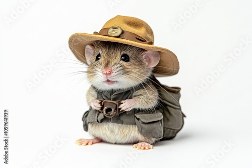 Charming portrait of a spiny mouse in adventurer outfit with hat, smiling against white background photo